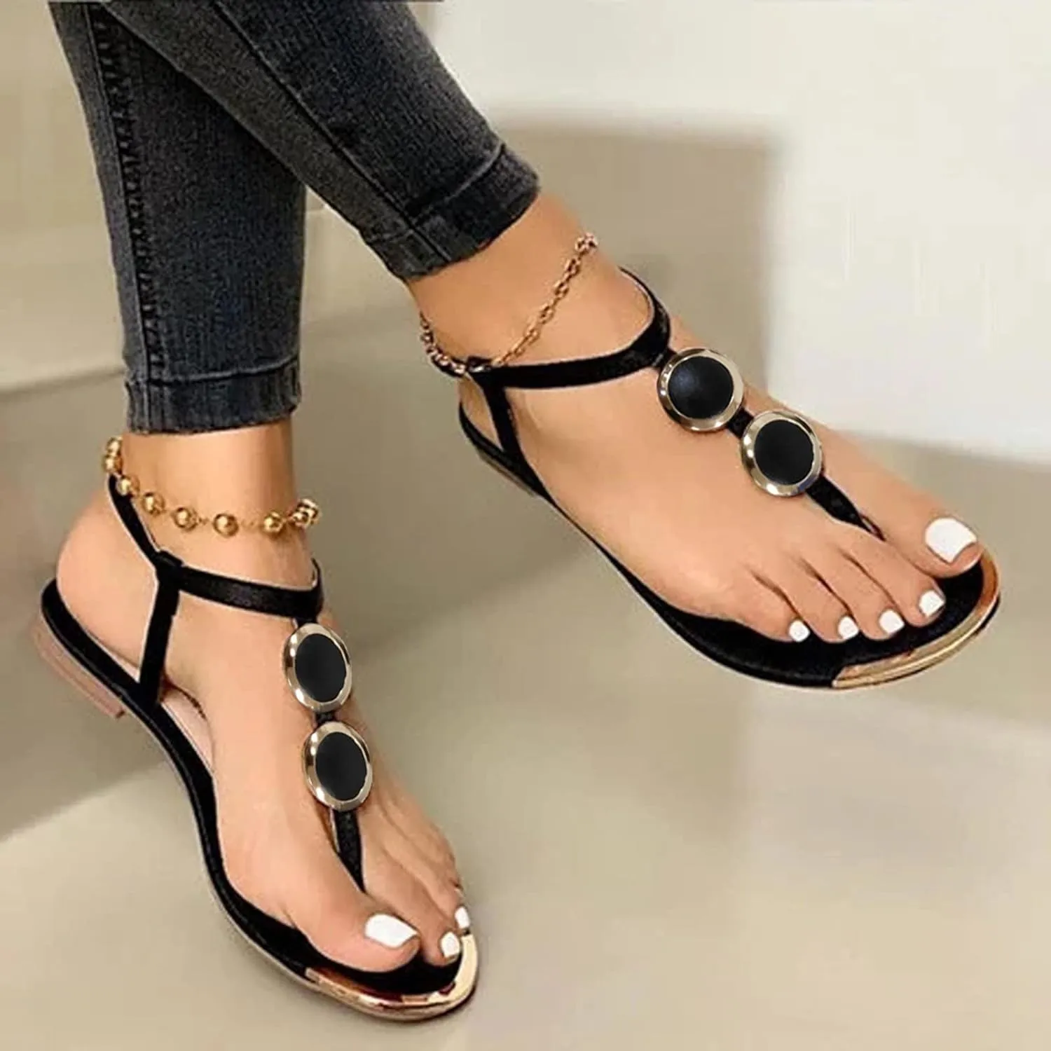 Women's Thong Flat Sandals, Comfortable Flip Flops T-Strap Dress Sandals with Adjustable Ankle Strap Leather Strappy Slip On Summer Shoes Beach Dressy Casual Slides