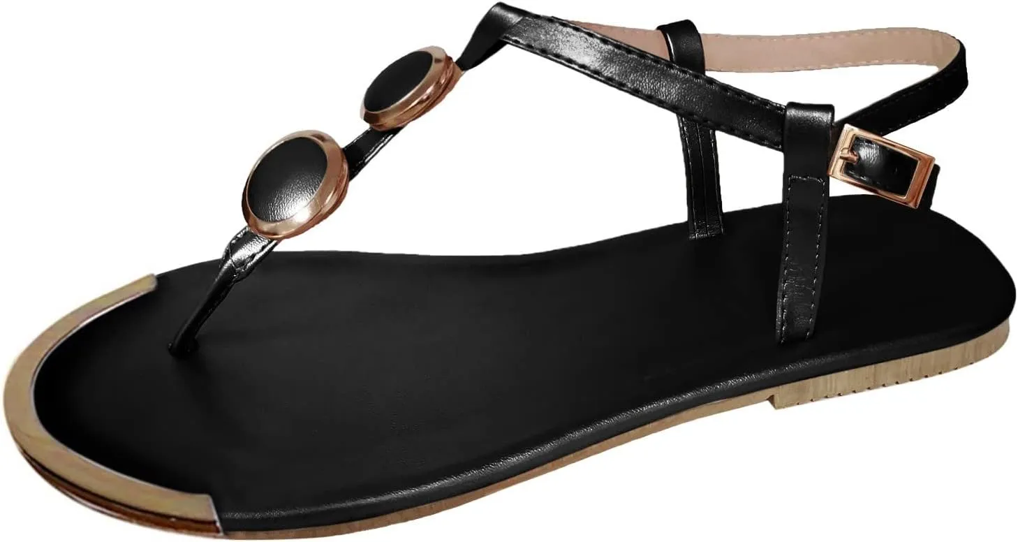 Women's Thong Flat Sandals, Comfortable Flip Flops T-Strap Dress Sandals with Adjustable Ankle Strap Leather Strappy Slip On Summer Shoes Beach Dressy Casual Slides