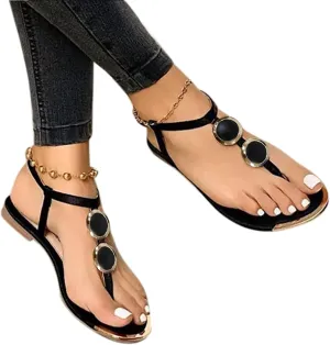 Women's Thong Flat Sandals, Comfortable Flip Flops T-Strap Dress Sandals with Adjustable Ankle Strap Leather Strappy Slip On Summer Shoes Beach Dressy Casual Slides