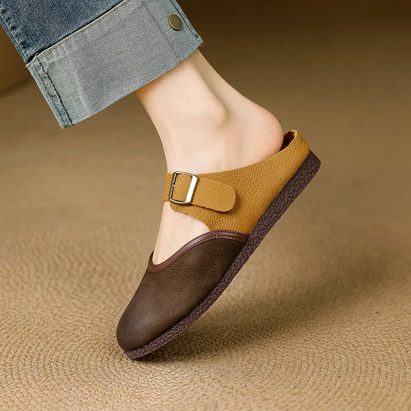 Women's Vintage Handmade Round Toe Patchwork Buckle Mule Shoes