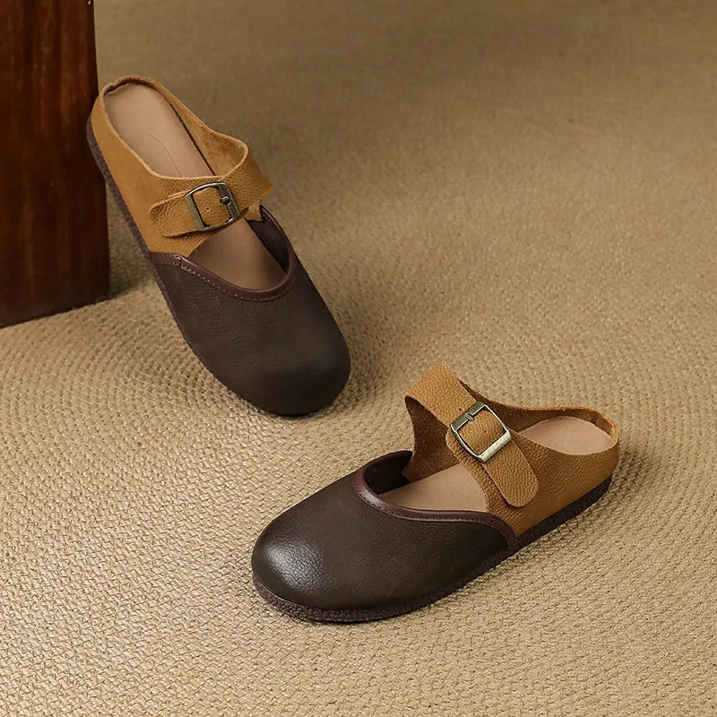 Women's Vintage Handmade Round Toe Patchwork Buckle Mule Shoes