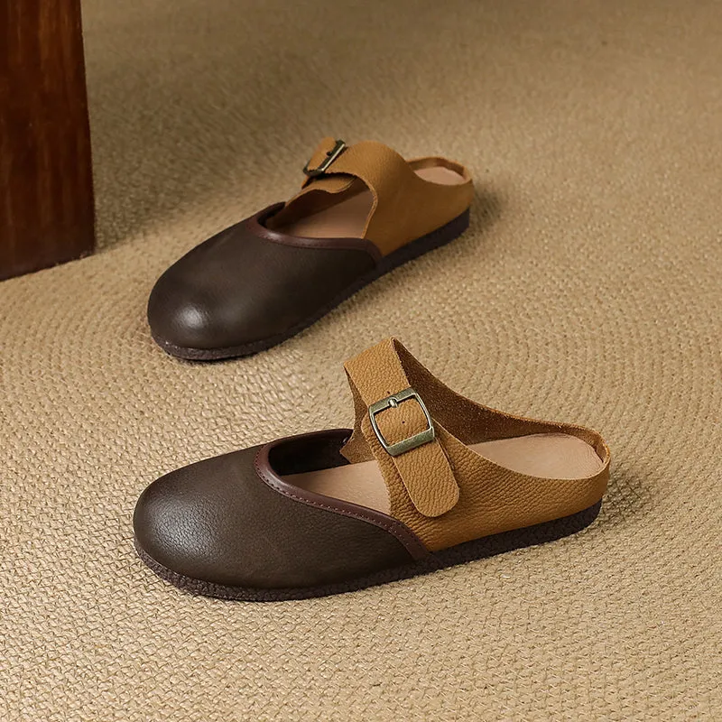 Women's Vintage Handmade Round Toe Patchwork Buckle Mule Shoes