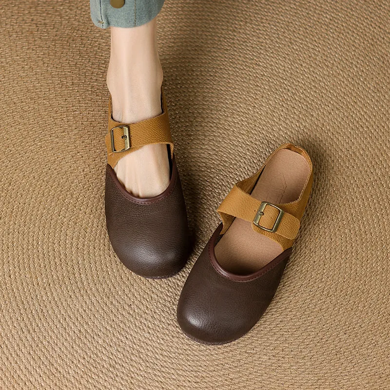 Women's Vintage Handmade Round Toe Patchwork Buckle Mule Shoes