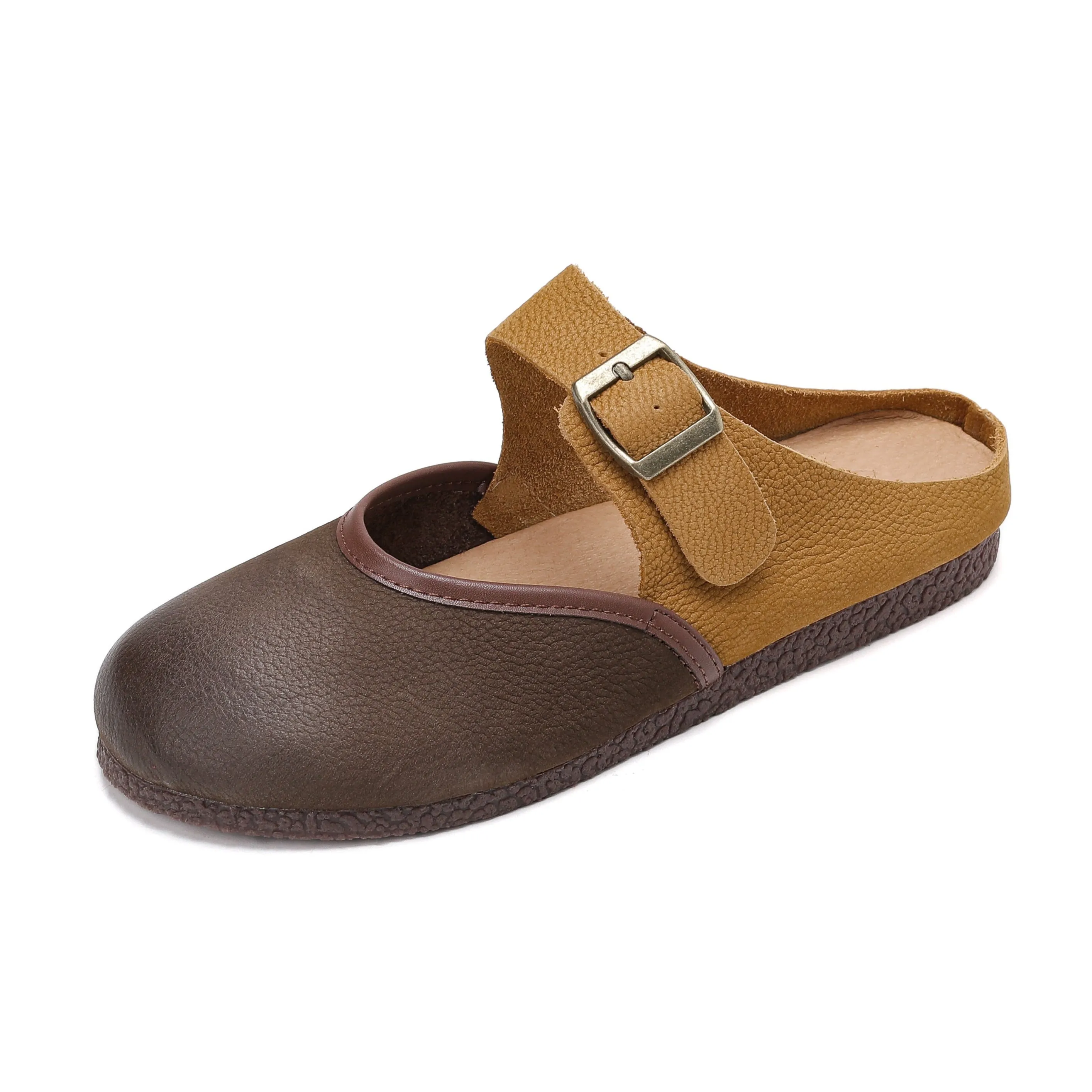 Women's Vintage Handmade Round Toe Patchwork Buckle Mule Shoes