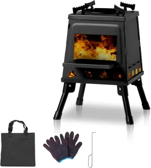 Wood Burning Camp Stove, Portable Cast Iron Camping Wood Stove, Black Woodstove with Carrying Case for Backpacking Outdoor Cooking (Big)