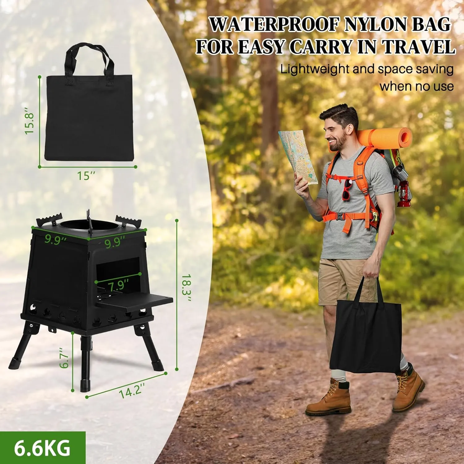 Wood Burning Camp Stove, Portable Cast Iron Camping Wood Stove, Black Woodstove with Carrying Case for Backpacking Outdoor Cooking (Big)