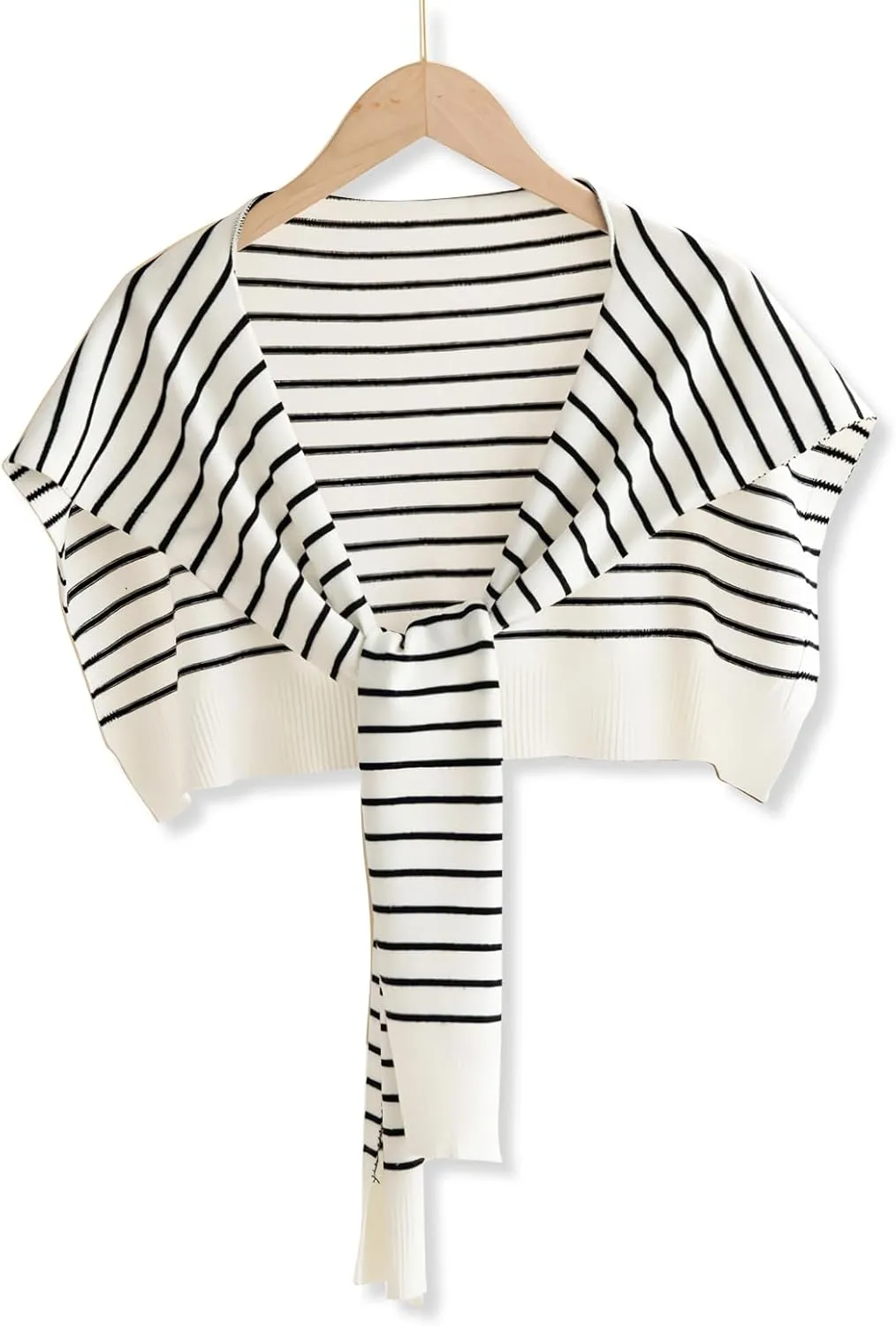 Wool Knitted Small Shawl For Women Long Sleeves Knotted Classic Stripe Pattern Decorative Shawl Wrap Cape Warm Scarf