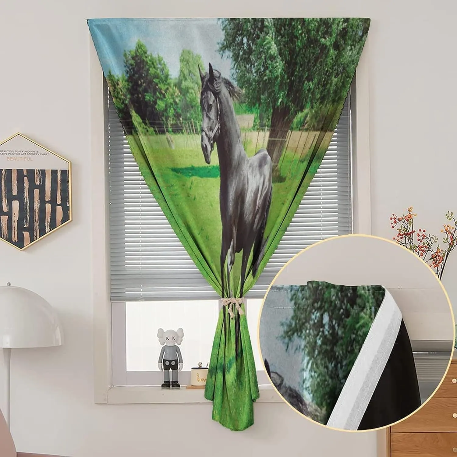 XISUNYA Autohesion Curtains, Horses Window Curtain Panel, Friesian Male Horse Masculine Driving Print Thermal Lnsulated Room Darkening Small Drapes,59W x84L Inch, for Kitchen Bathroom Living Room