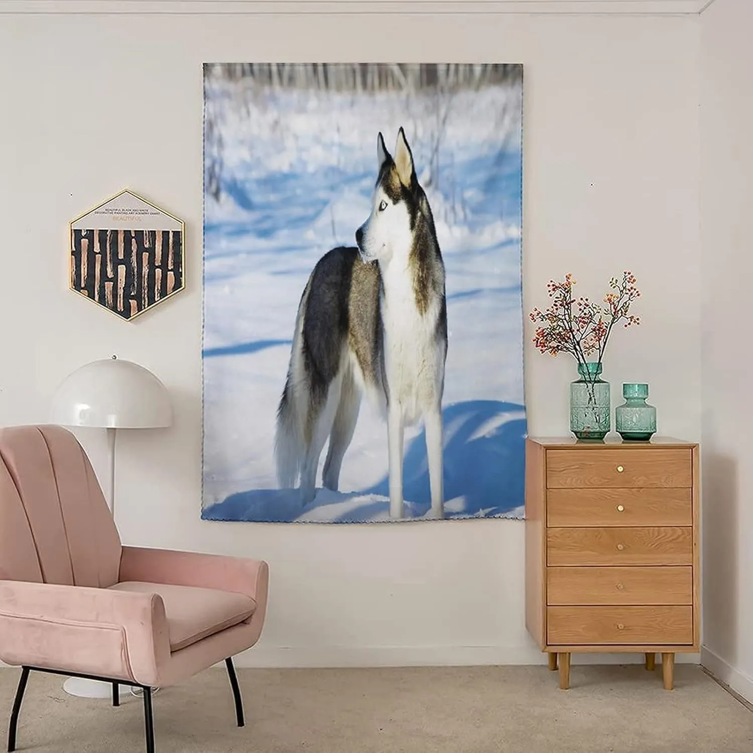 XISUNYA Self Adhesive Portable Blackout Curtains, Alaskan Malamute Room Darkening Curtains, Chukchi Husky Breed Dog on Snow Rural Winter Print Temporary Blackout Blinds,35W x54L Inch