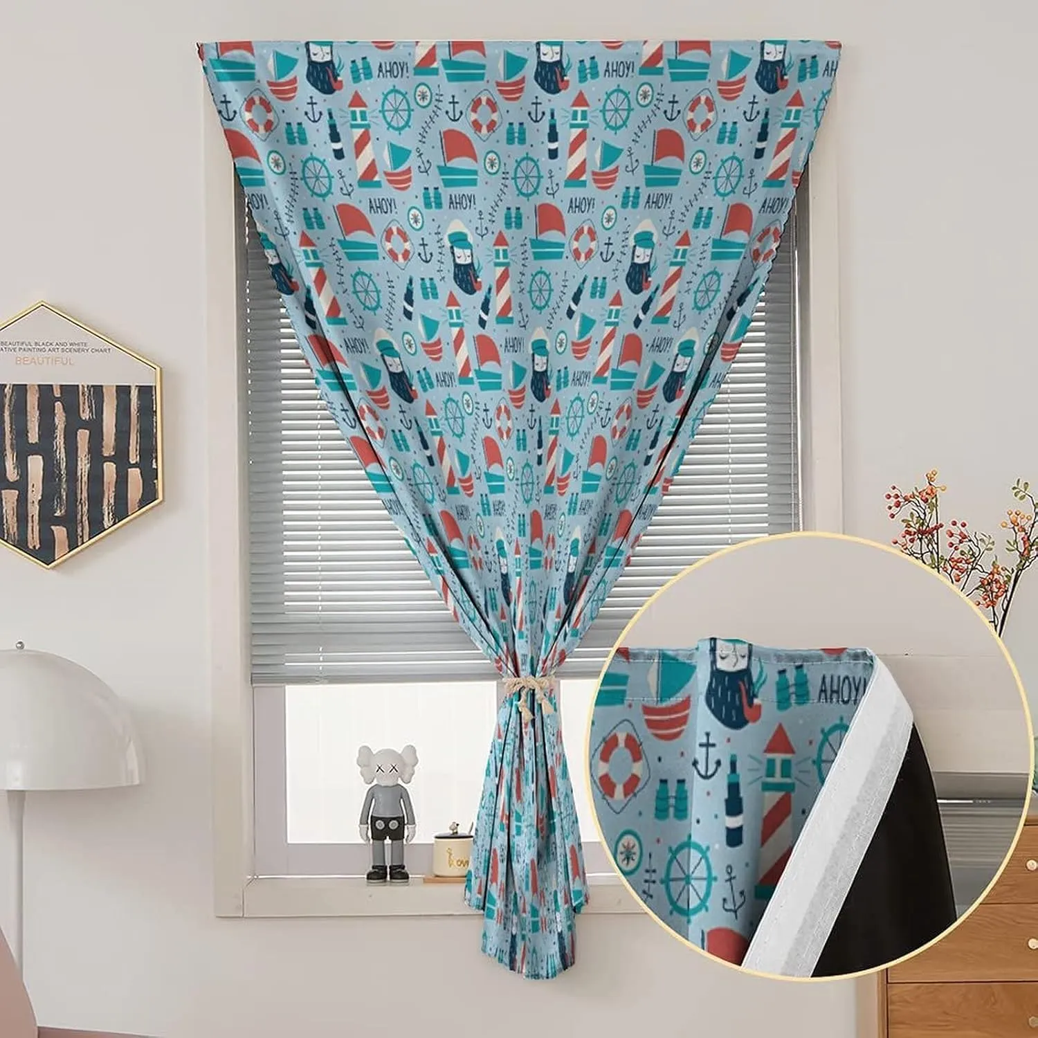 XISUNYA Self Adhesive Portable Blackout Curtains, Anchor Room Darkening Curtains, Pipe Smoking Captain Marine Themed Print Bedroom Blackout Curtains,47W x63L Inch, for Kitchen Bathroom Living Room