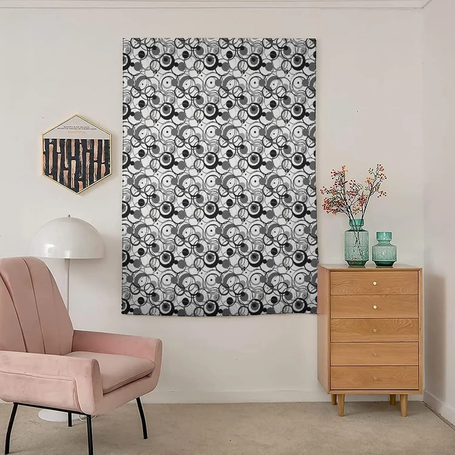XISUNYA Travel Windows Blackout Curtain, Abstract Curtain Shades, Monochrome Circles Dots Surreal Geometric Modern Art Print Adjustable Temporary Blackout Shades,59W x72L Inch, for Kitchen Bathroom