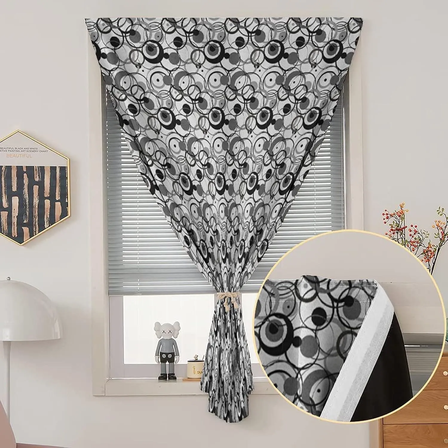 XISUNYA Travel Windows Blackout Curtain, Abstract Curtain Shades, Monochrome Circles Dots Surreal Geometric Modern Art Print Adjustable Temporary Blackout Shades,59W x72L Inch, for Kitchen Bathroom