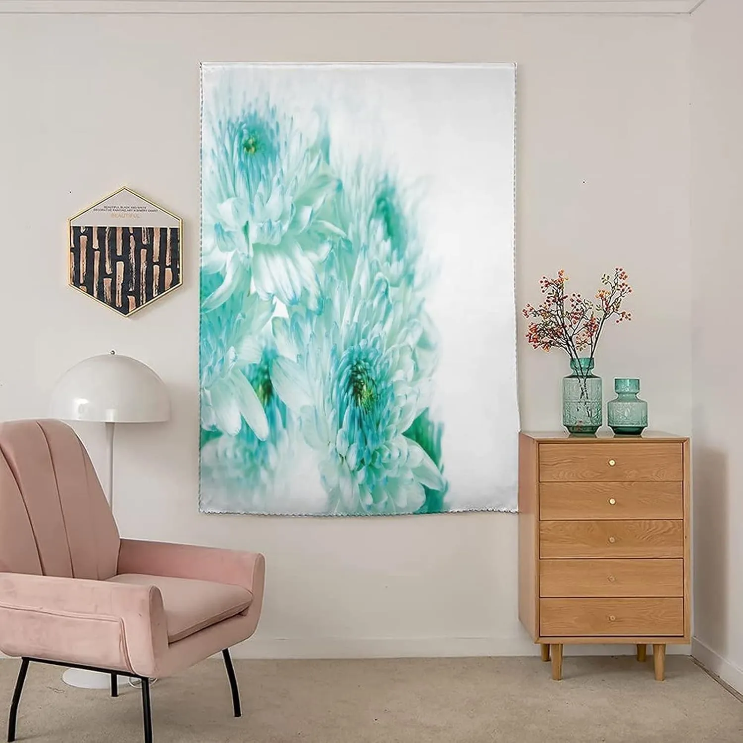 XISUNYA Travel Windows Blackout Curtain, Aqua Curtain Shades, Asian Dahlia Flowers and Buds Leaves Image Print Adjustable Temporary Blackout Shades,35W x63L Inch, for Bathroom Living Room Bedroom