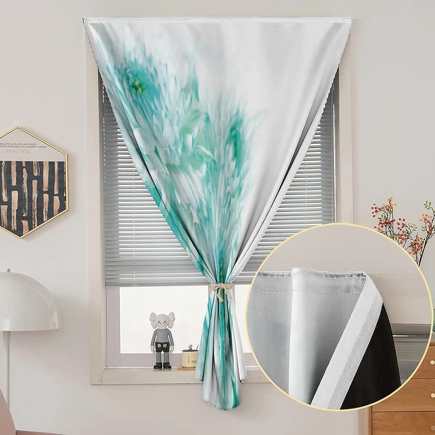 XISUNYA Travel Windows Blackout Curtain, Aqua Curtain Shades, Asian Dahlia Flowers and Buds Leaves Image Print Adjustable Temporary Blackout Shades,35W x63L Inch, for Bathroom Living Room Bedroom