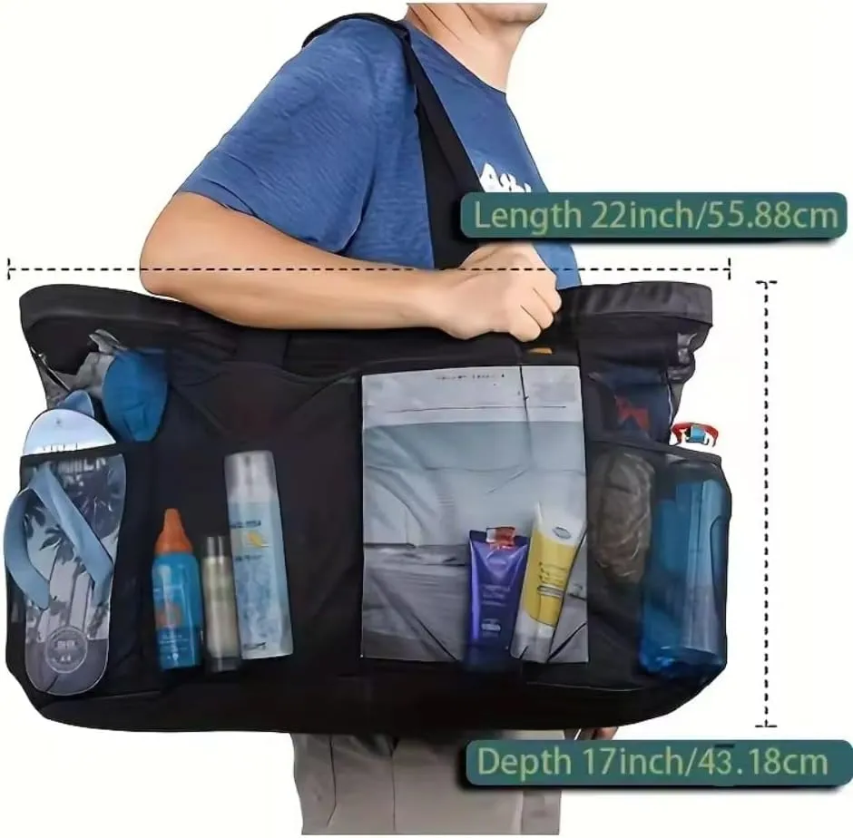 XXL Mesh Beach Bag, Extra Large Beach Tote with Zipper Pocket, Foldable Pool Bag for Family, Toys, & Vacation Essentials