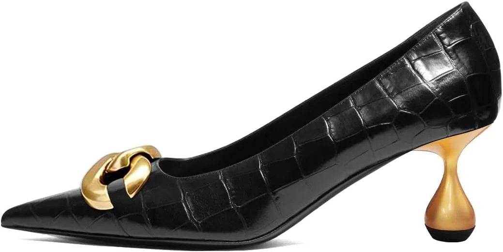 XYD Low Heel Closed Pointed Toe Pumps with Metal Chain Solid Golden Heeled Shoes for Women Slip On Professional Lady Formal