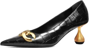 XYD Low Heel Closed Pointed Toe Pumps with Metal Chain Solid Golden Heeled Shoes for Women Slip On Professional Lady Formal