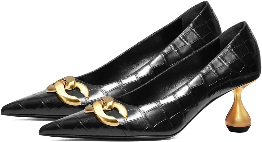 XYD Low Heel Closed Pointed Toe Pumps with Metal Chain Solid Golden Heeled Shoes for Women Slip On Professional Lady Formal