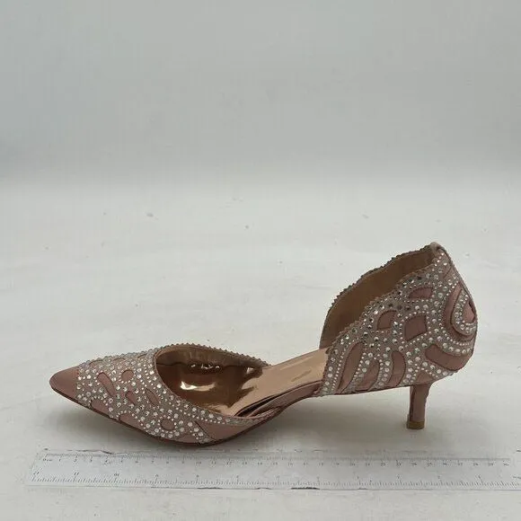 XYD Pink Elegant Pointed Toe D'Orsay Kitten Low Heel Rhinestone Studs Pump