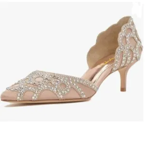 XYD Pink Elegant Pointed Toe D'Orsay Kitten Low Heel Rhinestone Studs Pump
