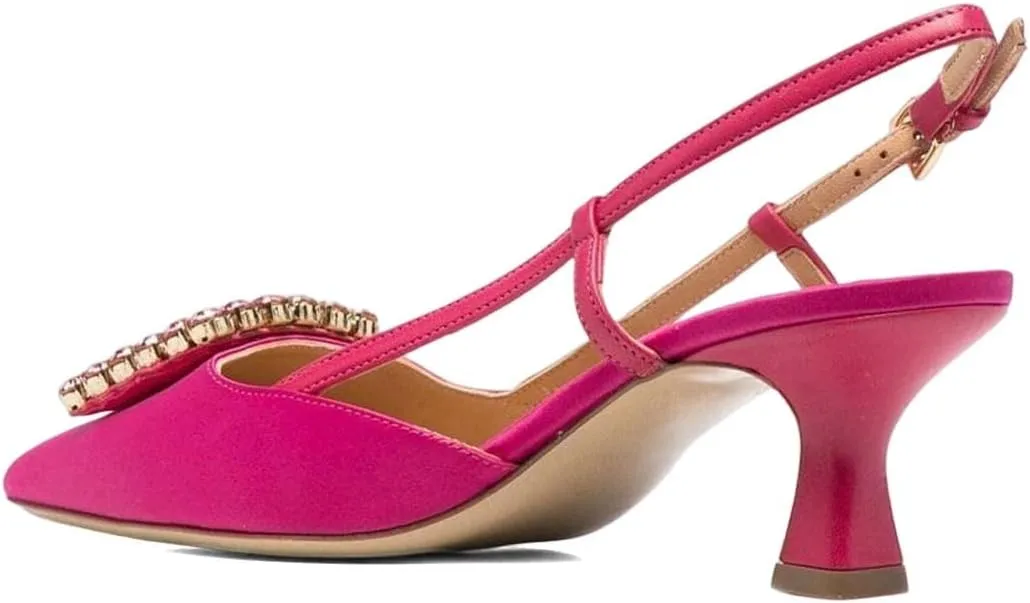 XYD Women Pointy Toe Pumps Square Rhinestone Buckle Slingback Evening Pumps Low Heels Slip On Ankle Strap Ladies Chic Party Shoes