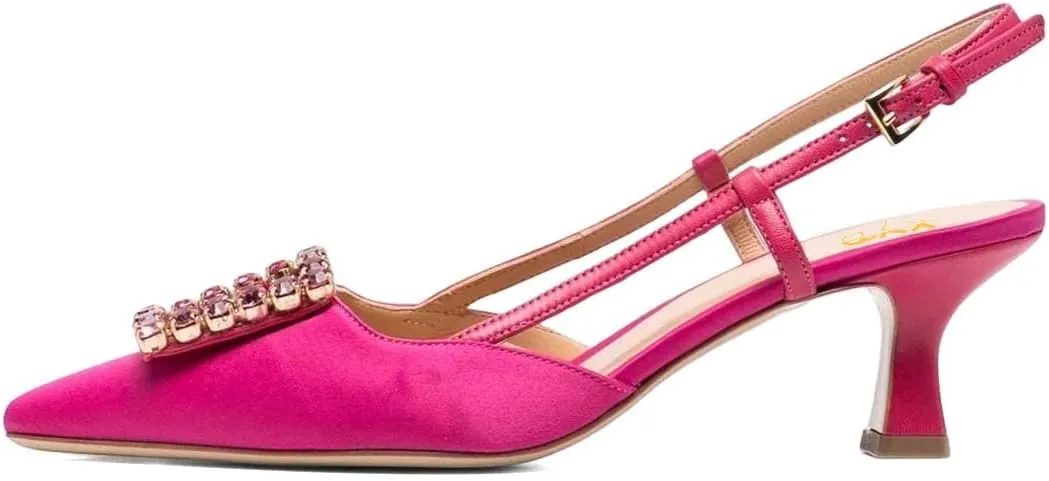 XYD Women Pointy Toe Pumps Square Rhinestone Buckle Slingback Evening Pumps Low Heels Slip On Ankle Strap Ladies Chic Party Shoes