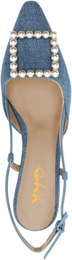 XYD Women Pointy Toe Pumps Square Rhinestone Buckle Slingback Evening Pumps Low Heels Slip On Ankle Strap Ladies Chic Party Shoes