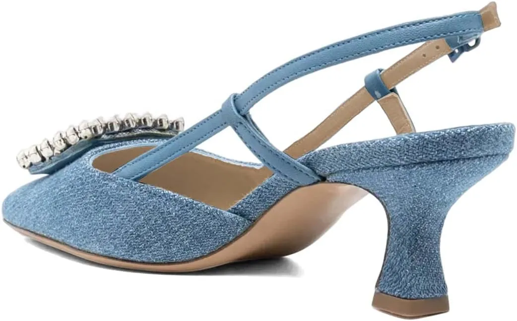 XYD Women Pointy Toe Pumps Square Rhinestone Buckle Slingback Evening Pumps Low Heels Slip On Ankle Strap Ladies Chic Party Shoes