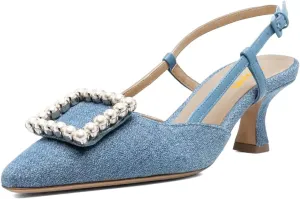 XYD Women Pointy Toe Pumps Square Rhinestone Buckle Slingback Evening Pumps Low Heels Slip On Ankle Strap Ladies Chic Party Shoes