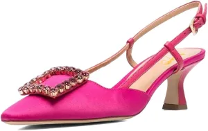XYD Women Pointy Toe Pumps Square Rhinestone Buckle Slingback Evening Pumps Low Heels Slip On Ankle Strap Ladies Chic Party Shoes