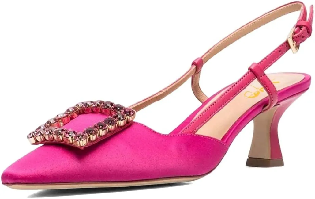XYD Women Pointy Toe Pumps Square Rhinestone Buckle Slingback Evening Pumps Low Heels Slip On Ankle Strap Ladies Chic Party Shoes