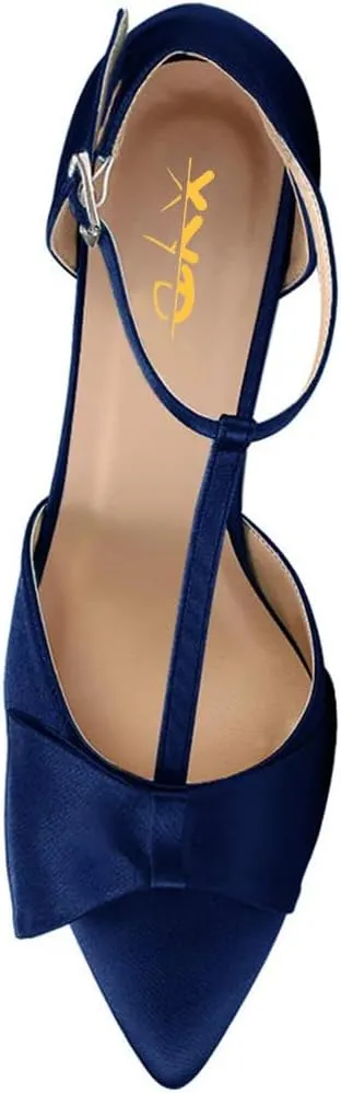 XYD Women's T-Strap Bowknot Pumps Chunky Crystal Low Heels Ankle Strap Pointed Toe Satin Dressy Casual Shoes