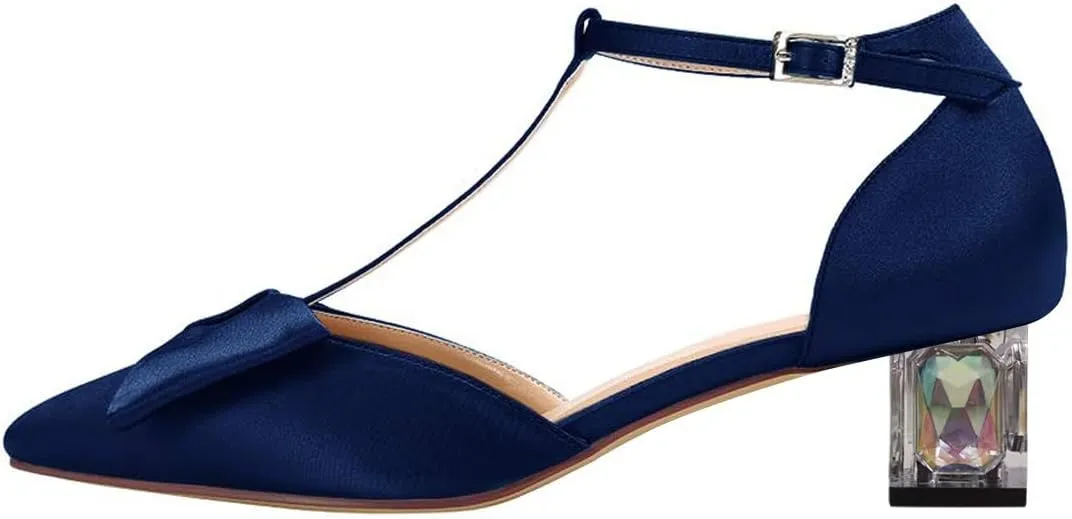 XYD Women's T-Strap Bowknot Pumps Chunky Crystal Low Heels Ankle Strap Pointed Toe Satin Dressy Casual Shoes