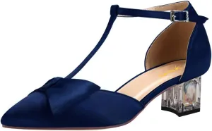 XYD Women's T-Strap Bowknot Pumps Chunky Crystal Low Heels Ankle Strap Pointed Toe Satin Dressy Casual Shoes