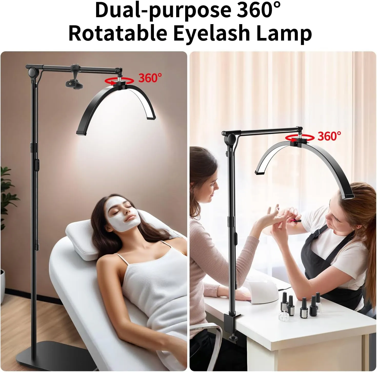 yAyusi Lash Light for Eyelash Tech, Foldable Floor Lash Lamp for Eyelash Extensions, LED Half Moon Light Lash Tech with Phone Holder, Dimmable Esthetician Light for Eyelash/Skincare/Tattoo (Black)