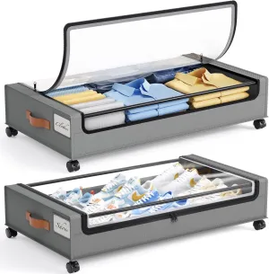 Yecaye Under Bed Storage with Wheels, 2 Pack Under Bed Storage Containers, Large Under Bed Rolling Storage with Clear Window & Label, Bedroom Storage Organizer for Clothes, Shoes,Toys, Books, Blankets