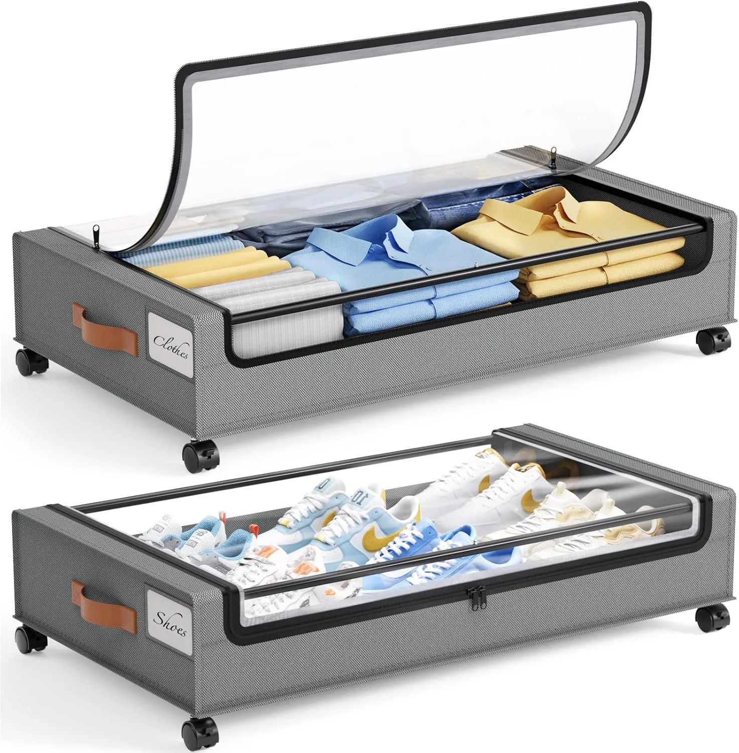Yecaye Under Bed Storage with Wheels, 2 Pack Under Bed Storage Containers, Large Under Bed Rolling Storage with Clear Window & Label, Bedroom Storage Organizer for Clothes, Shoes,Toys, Books, Blankets