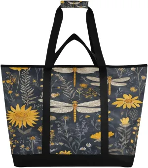 Yellow Flower Dragonfly Reusable Insulated Lunchbox Cooler Bag, Leakproof Kitchen Grocery Bag Collapsible Portable Cooler Tote Bag for Picnic, Camping, Office, Travel