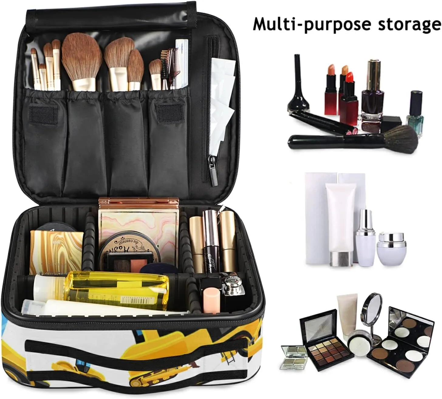 Yellow Vehicles Roller Excavator Concrete Mixer and Loader Large Women Makeup Bag, Train Toiletry Storage Case, Portable Coin Purse Holder Zipper Pouch Travel Cosmetic Organizer for Women and Girls