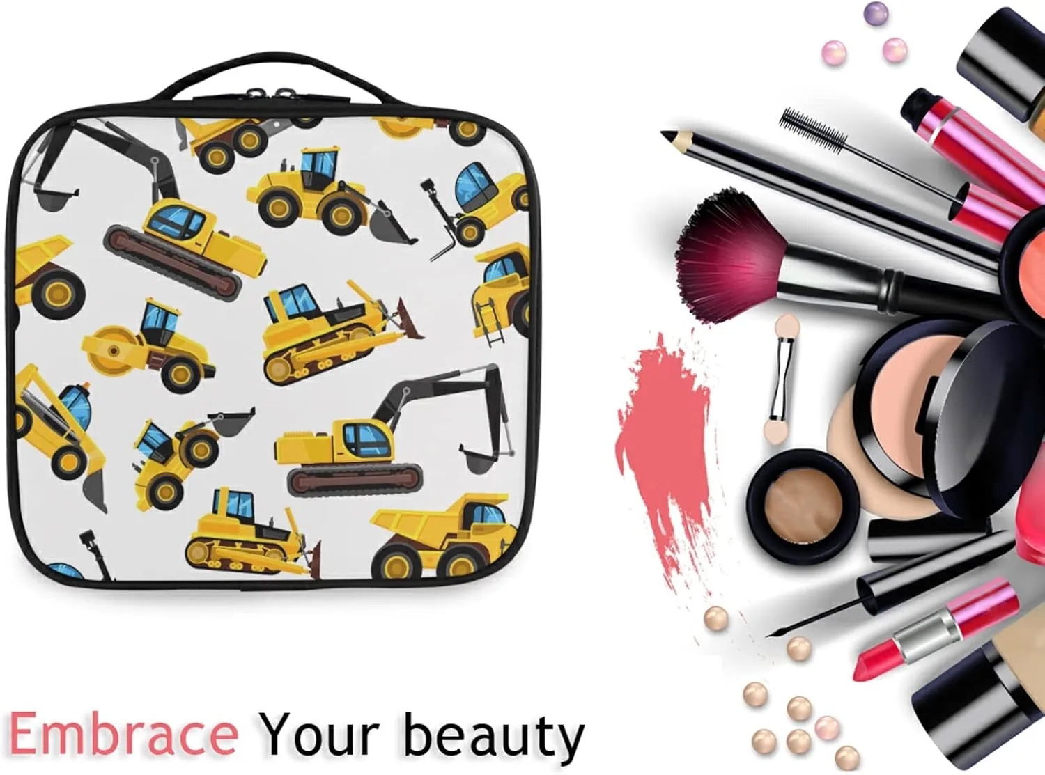Yellow Vehicles Roller Excavator Concrete Mixer and Loader Large Women Makeup Bag, Train Toiletry Storage Case, Portable Coin Purse Holder Zipper Pouch Travel Cosmetic Organizer for Women and Girls