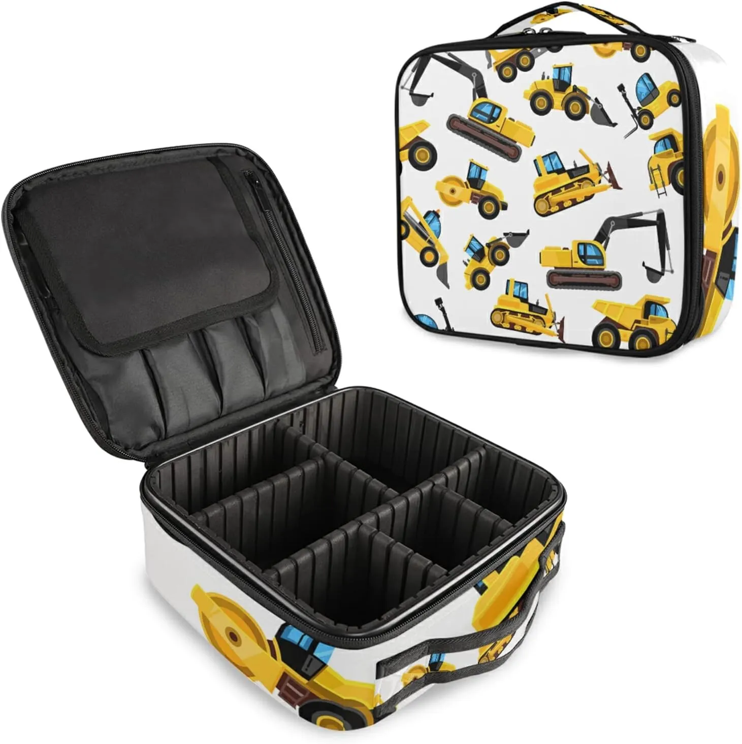 Yellow Vehicles Roller Excavator Concrete Mixer and Loader Large Women Makeup Bag, Train Toiletry Storage Case, Portable Coin Purse Holder Zipper Pouch Travel Cosmetic Organizer for Women and Girls