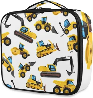 Yellow Vehicles Roller Excavator Concrete Mixer and Loader Large Women Makeup Bag, Train Toiletry Storage Case, Portable Coin Purse Holder Zipper Pouch Travel Cosmetic Organizer for Women and Girls