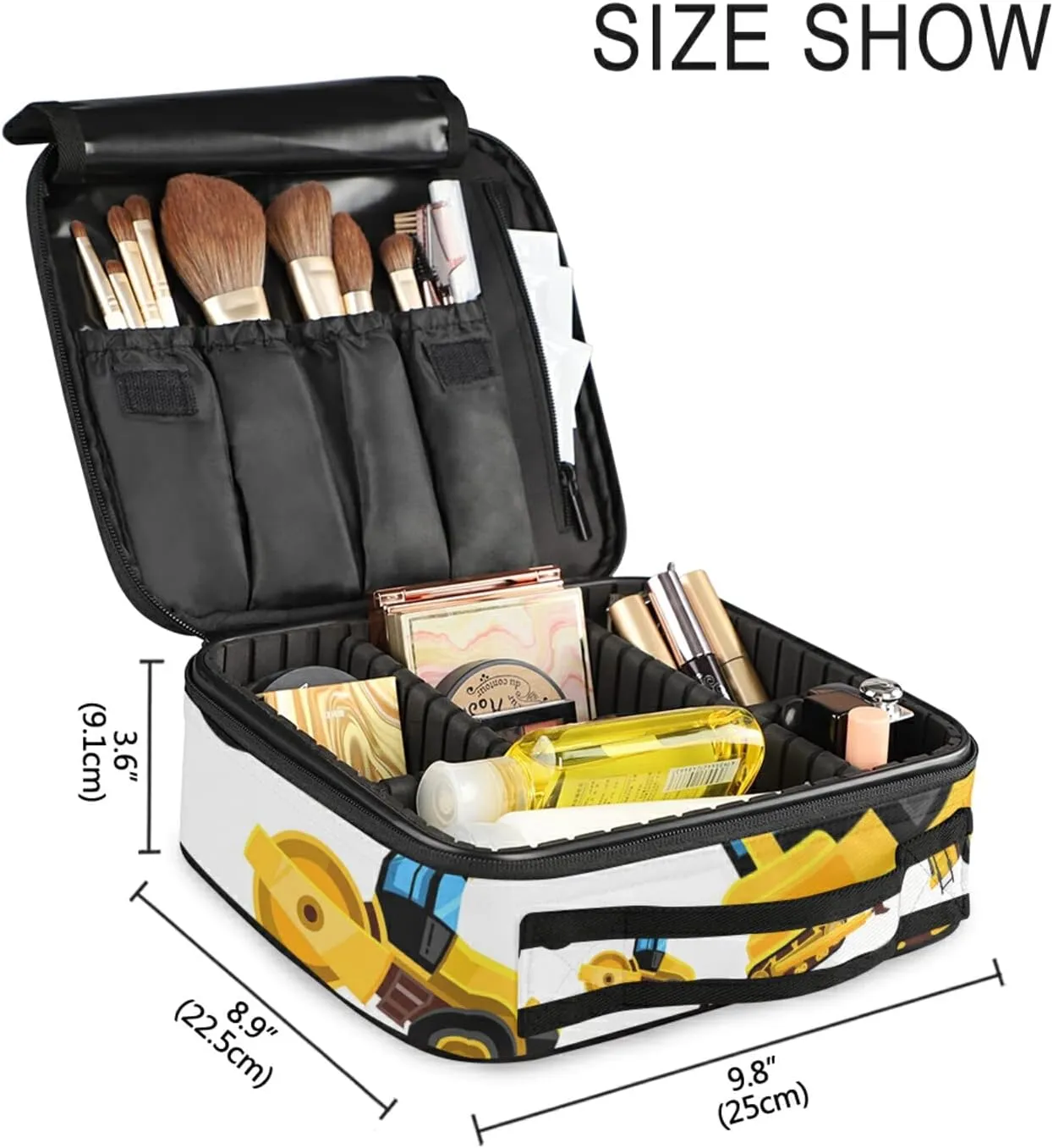 Yellow Vehicles Roller Excavator Concrete Mixer and Loader Large Women Makeup Bag, Train Toiletry Storage Case, Portable Coin Purse Holder Zipper Pouch Travel Cosmetic Organizer for Women and Girls
