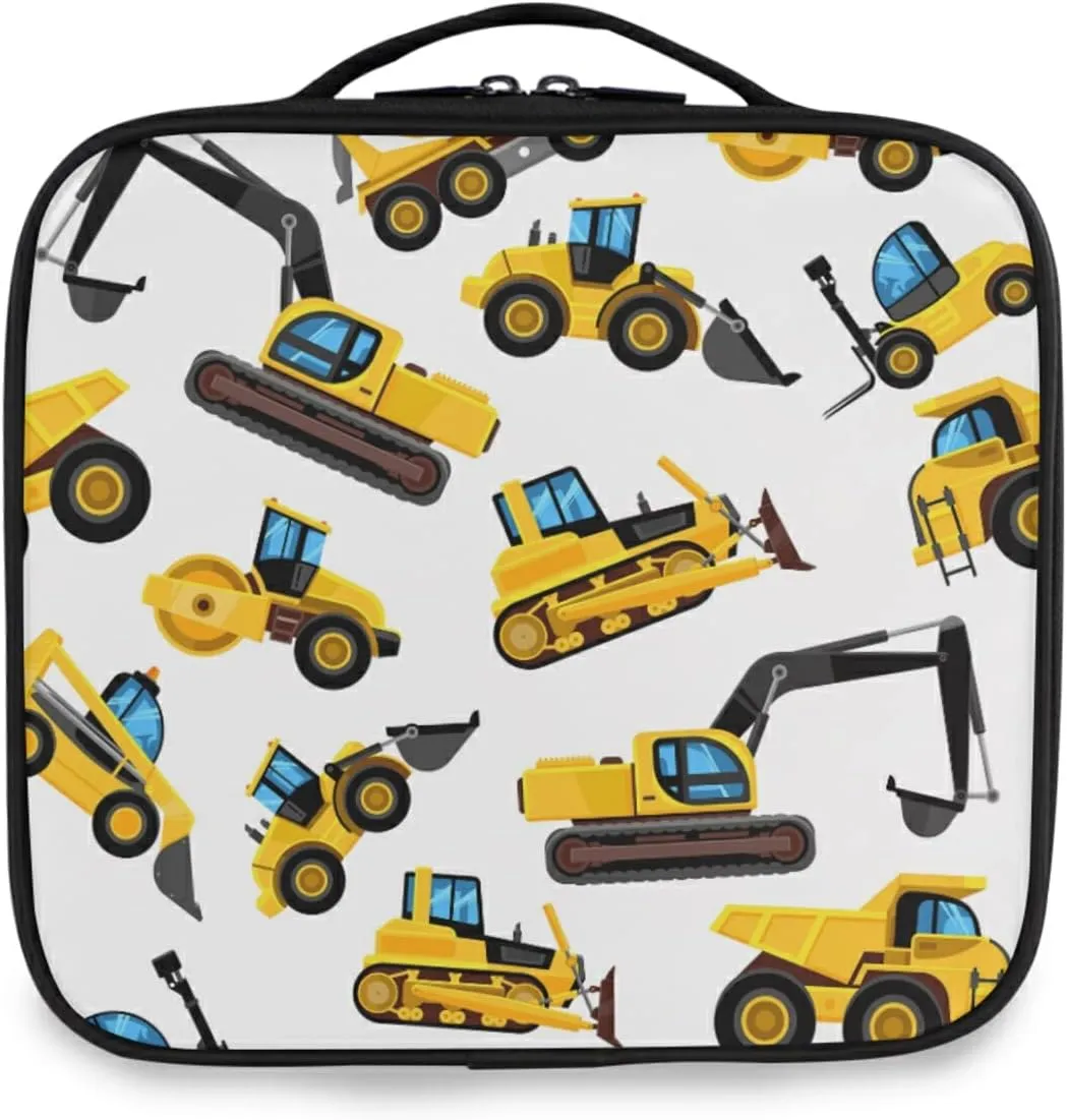 Yellow Vehicles Roller Excavator Concrete Mixer and Loader Large Women Makeup Bag, Train Toiletry Storage Case, Portable Coin Purse Holder Zipper Pouch Travel Cosmetic Organizer for Women and Girls