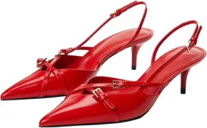 Yishaweiqi Slingback Kitten Heels for Women Buckle Strap Pointed Toe Dress Pumps Shoes Slip On Heeled Sandals