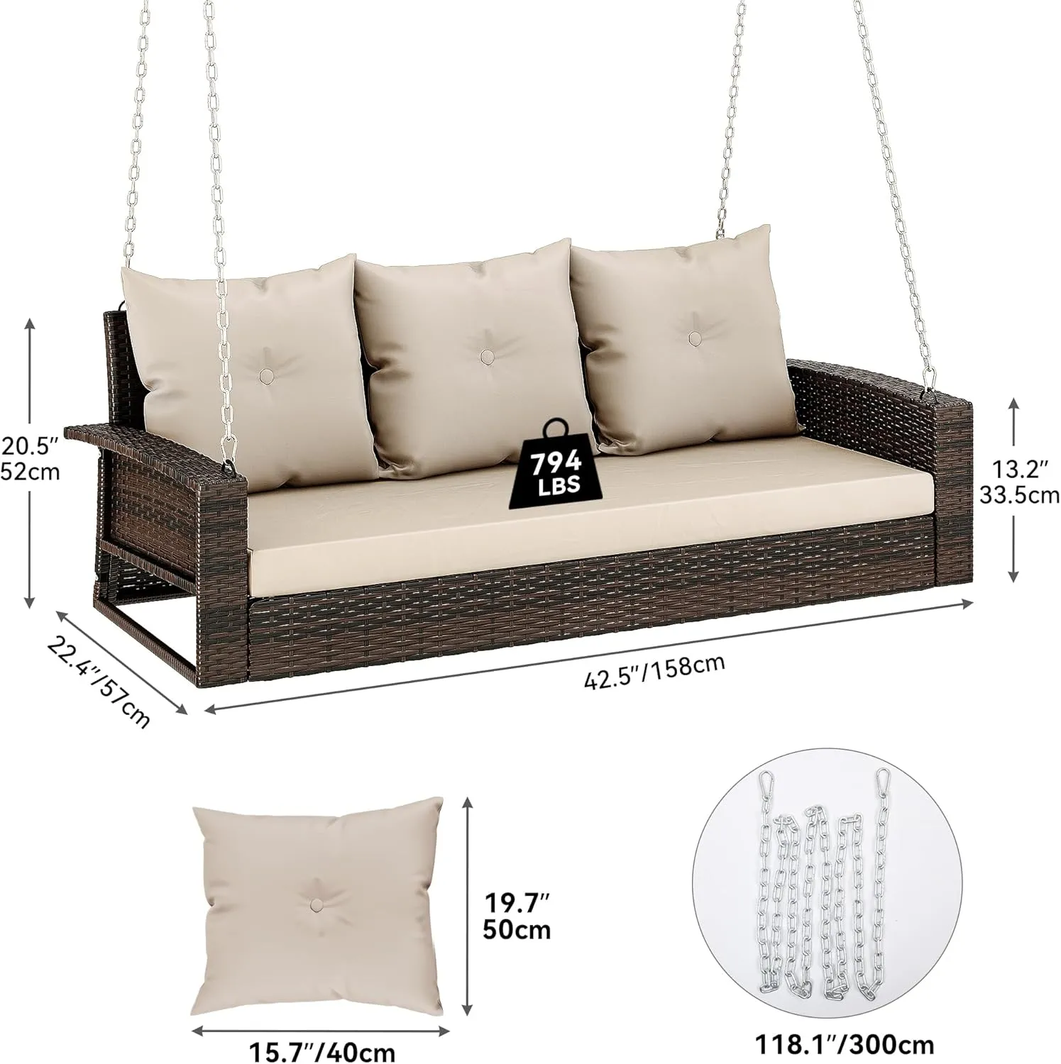 YITAHOME 3-Seats Wicker Hanging Porch Swing Chair Outdoor Gray Rattan Patio Swing Lounge 3 Back Cushions Capacity for Garden, Balcony, Deck