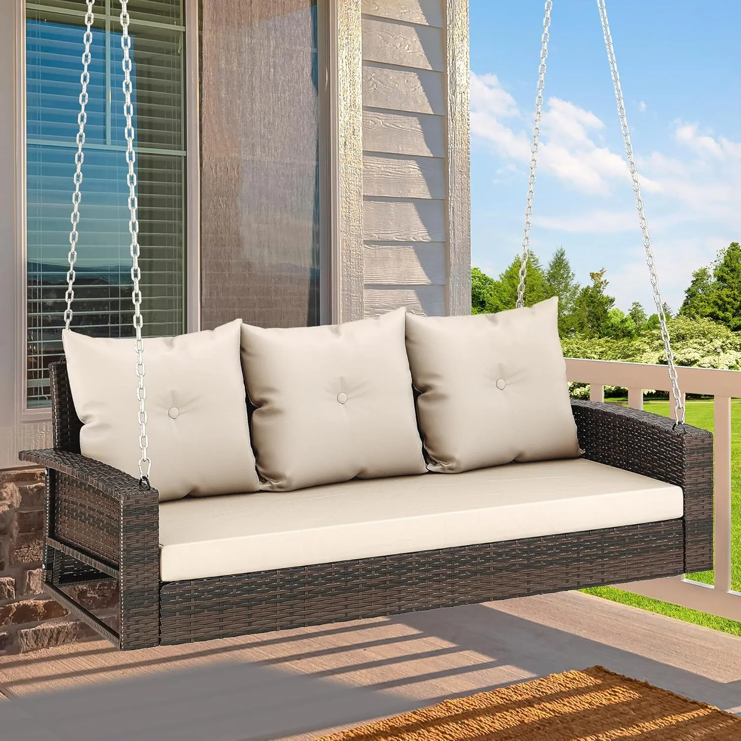 YITAHOME 3-Seats Wicker Hanging Porch Swing Chair Outdoor Gray Rattan Patio Swing Lounge 3 Back Cushions Capacity for Garden, Balcony, Deck
