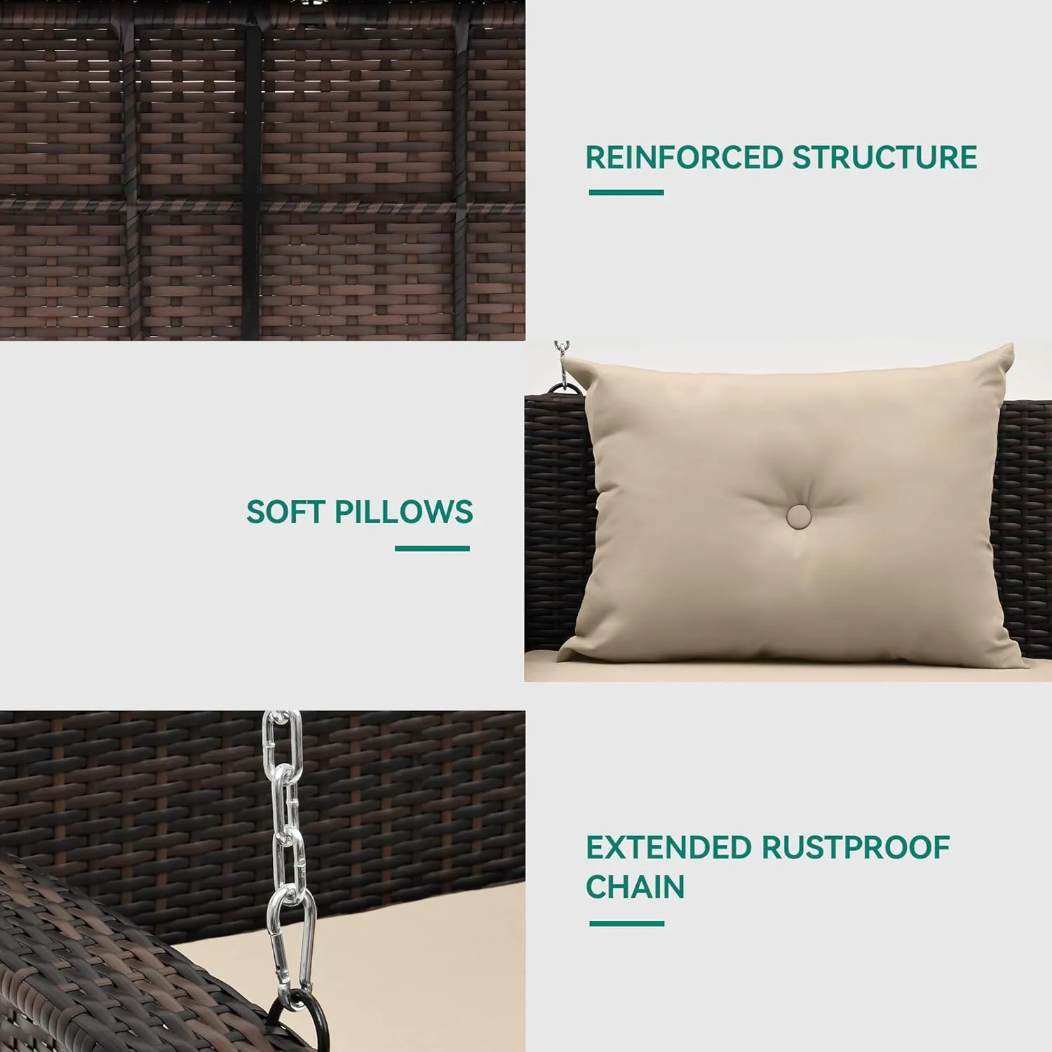 YITAHOME 3-Seats Wicker Hanging Porch Swing Chair Outdoor Gray Rattan Patio Swing Lounge 3 Back Cushions Capacity for Garden, Balcony, Deck