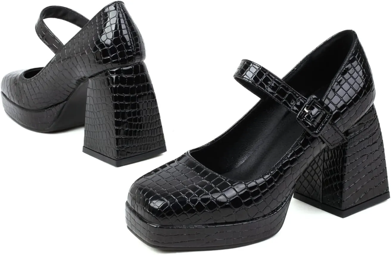 YIYA Women's Chunky Heels Platform Mary Jane Shoes Adjustable Ankle Strap Star Buckle Square Toe Block High Heel Dress Pumps Shoes