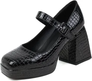 YIYA Women's Chunky Heels Platform Mary Jane Shoes Adjustable Ankle Strap Star Buckle Square Toe Block High Heel Dress Pumps Shoes